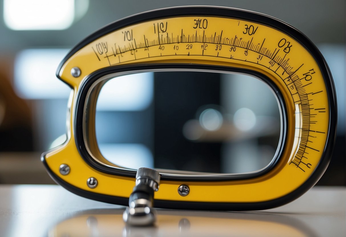 A mirror reflecting various eyebrow shapes and a measuring tool to determine the best fit