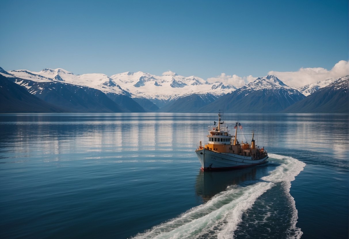 A boat sailing from Alaska to Russia across the Bering Strait under a clear blue sky with snow-capped mountains in the background