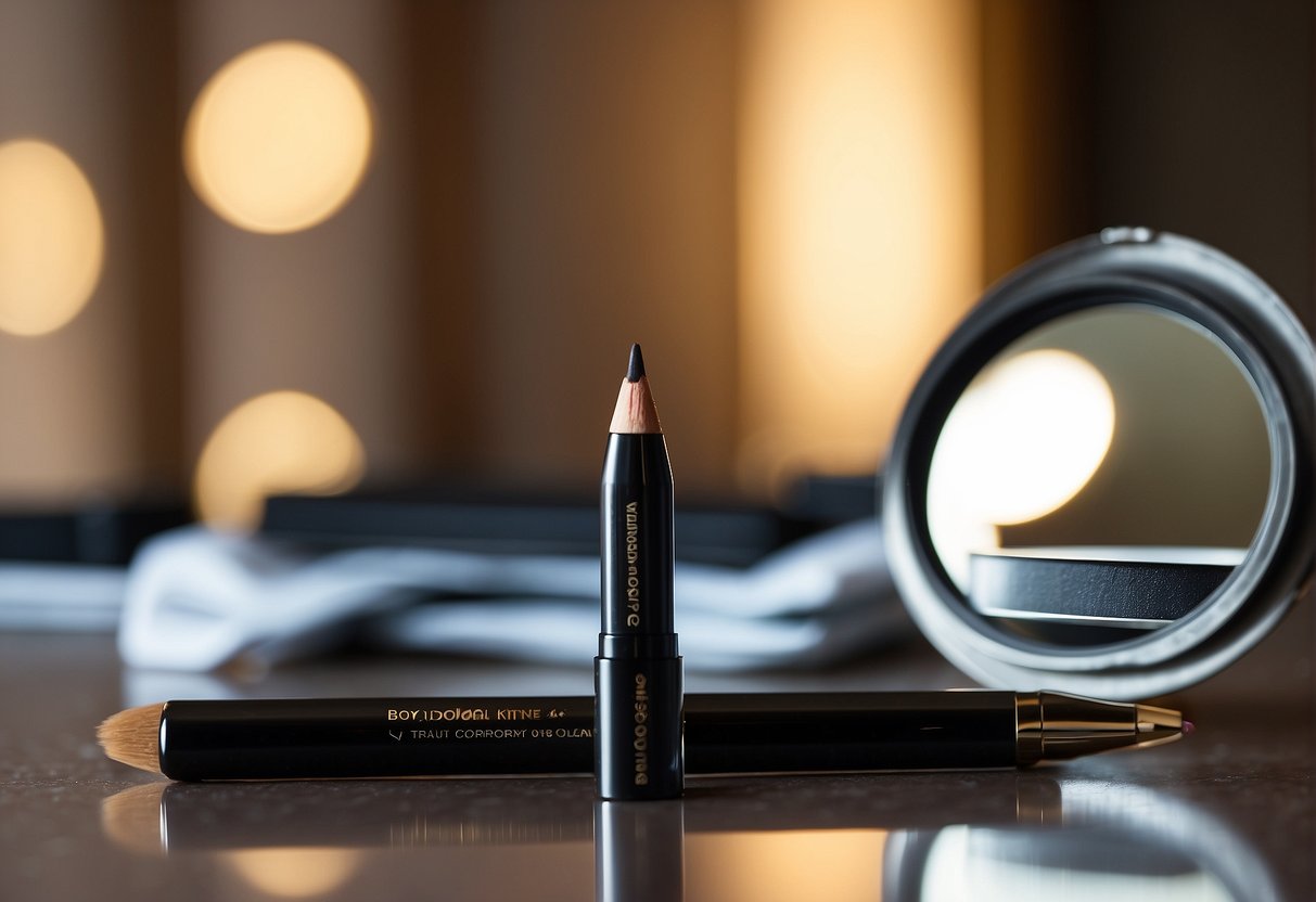 A person holding up a brow pencil, comparing it to their eyebrow, with a mirror and different shades of brow pencils on a table