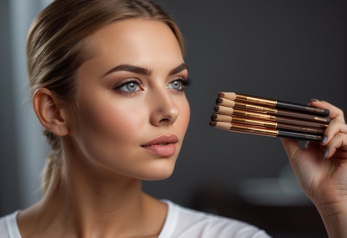 A person holding up different shades of brow pencils, comparing them to their natural brow color in a well-lit room