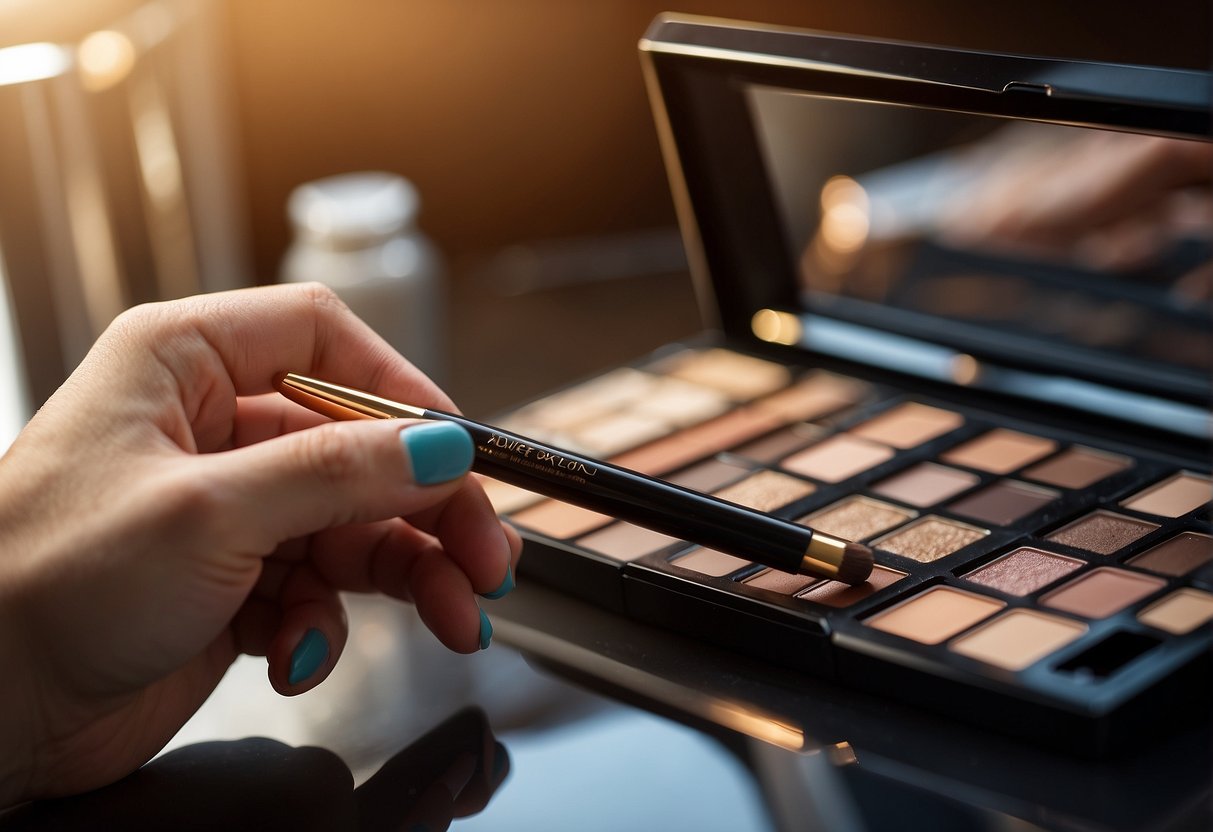 A hand holding a brow pencil, applying color to a brow. Mirror reflects a range of brow shades