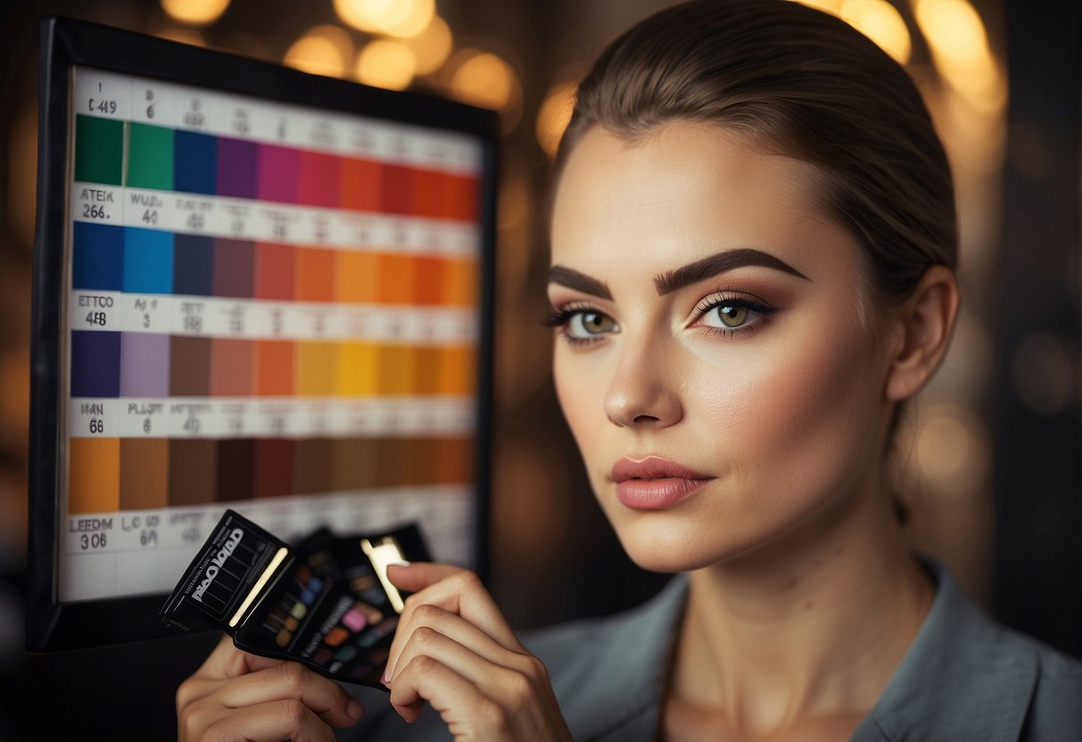 A person looking at a color chart with different shades of eyebrow pencils, holding a mirror to compare against their own eyebrows