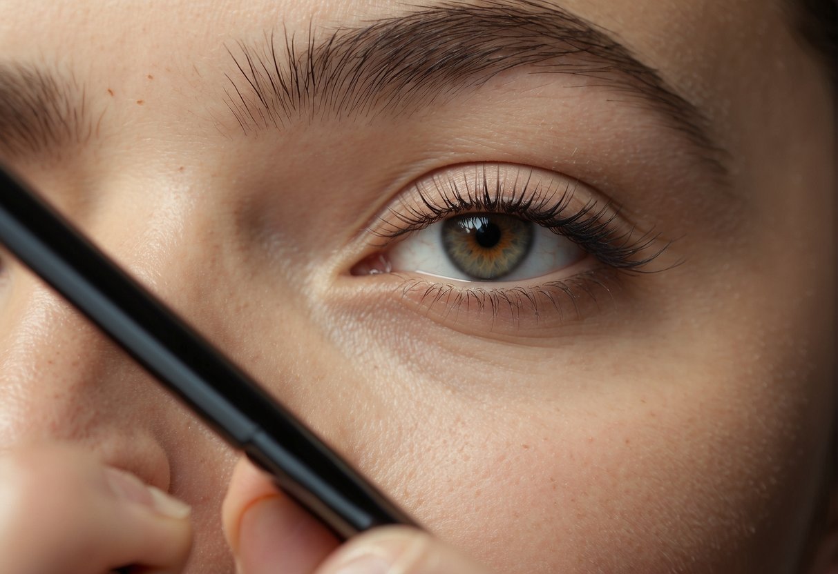 A hand holding an eyebrow pencil, drawing a precise line on a raised eyebrow