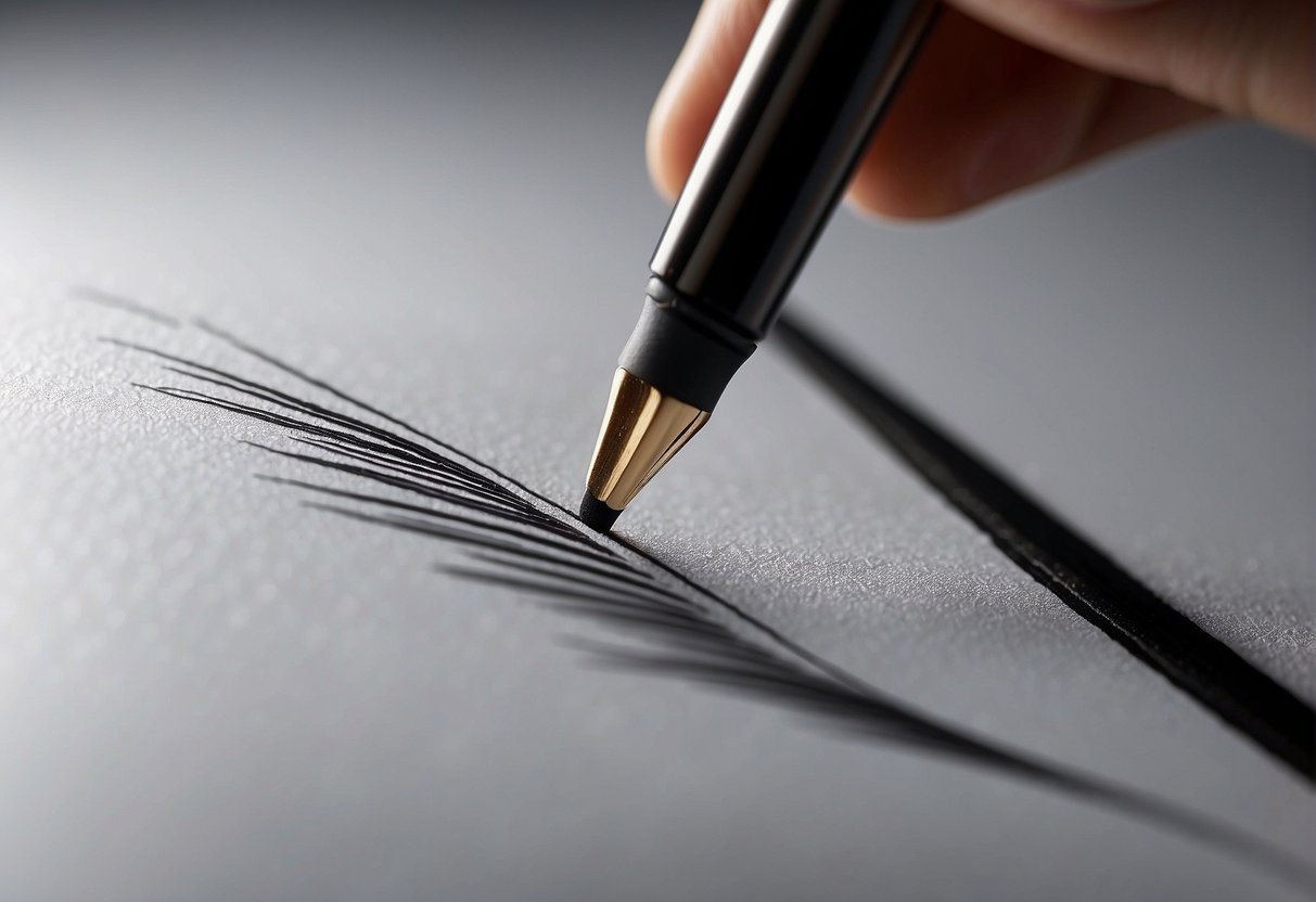 A hand holding an eyebrow pencil, drawing a precise line along the arch of the eyebrow. The pencil moves smoothly, creating a defined and polished look