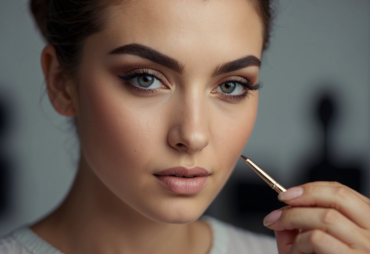 A person using a mirror to create a perfect eyebrow line with a makeup pencil