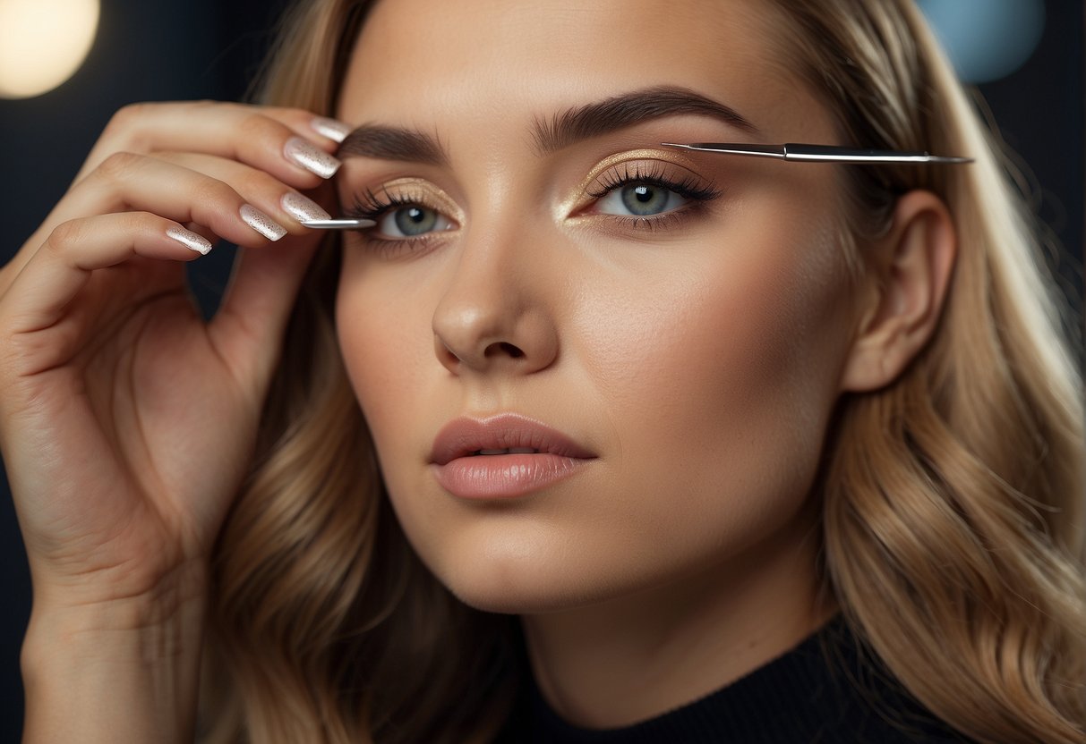 A woman carefully shaping her eyebrows with a tweezers and a mirror