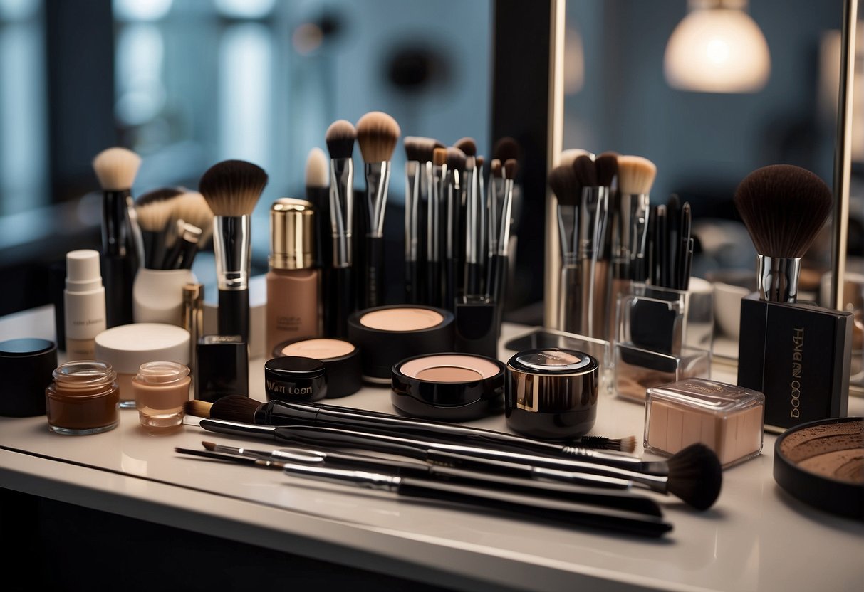 A table with various makeup tools and products, including eyebrow pencils, tweezers, and brushes. A mirror reflects the tools, and a chart showing different eyebrow shapes hangs on the wall