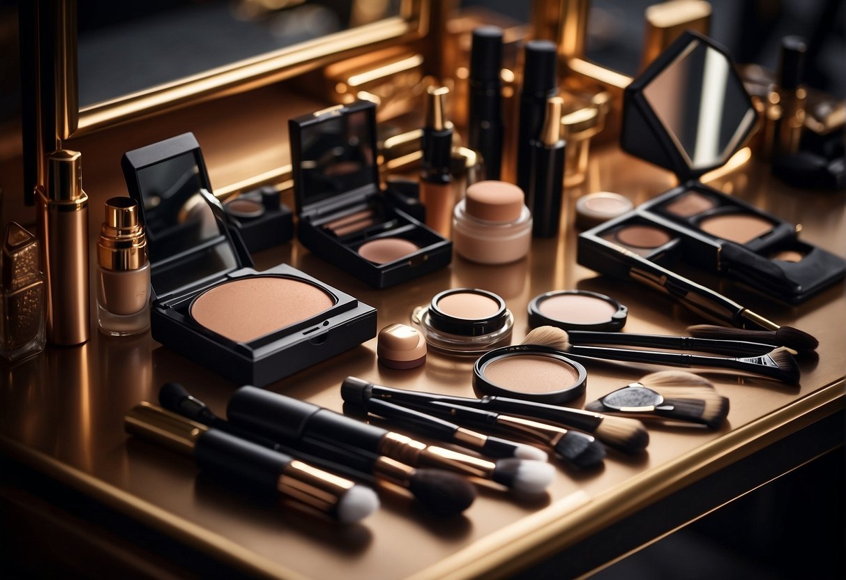 A makeup table with various eyebrow shaping tools and products laid out neatly