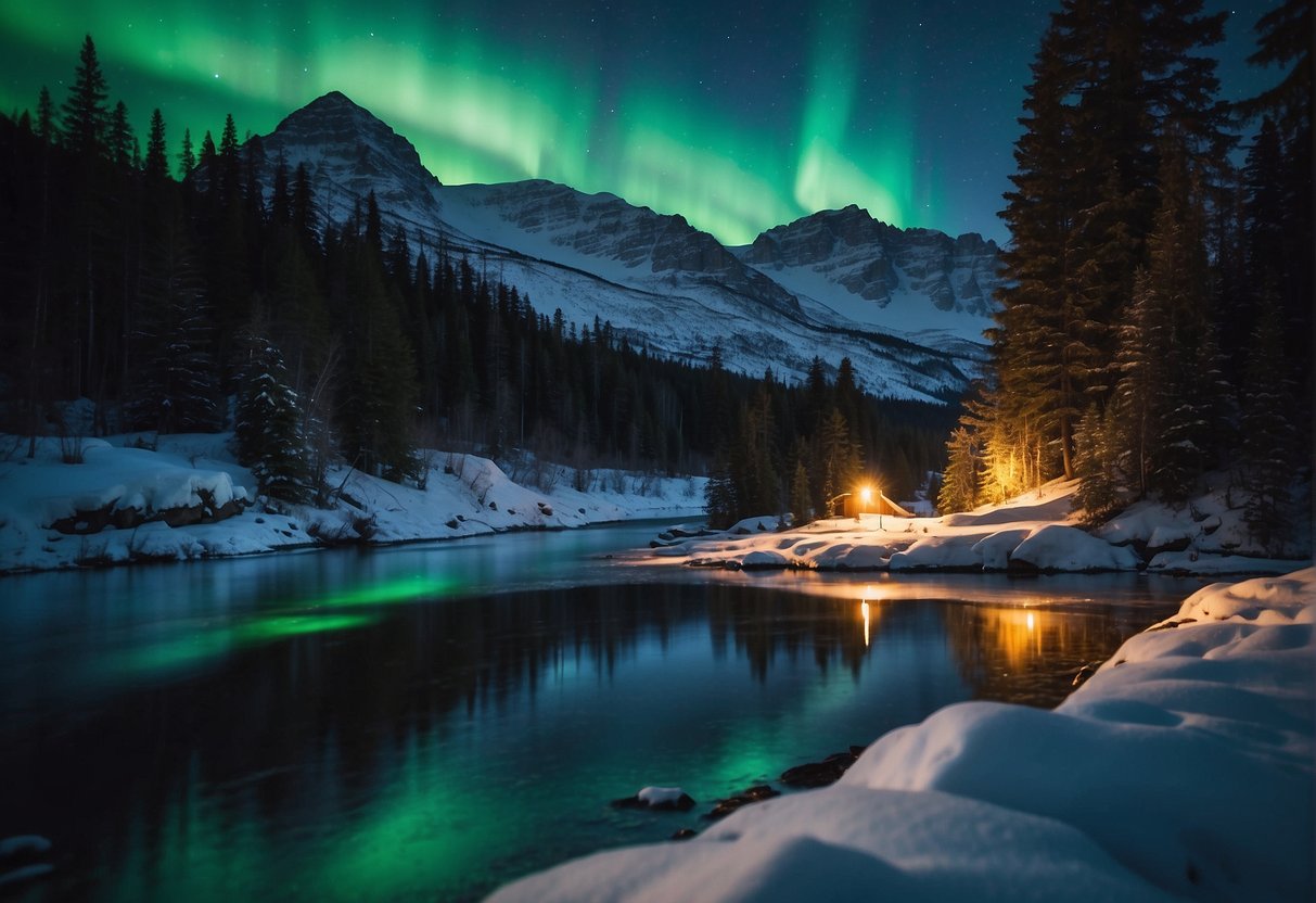 Snow-covered mountains loom over a bustling city nestled between icy waters and evergreen forests. The northern lights dance across the night sky, while moose and bears roam the wilderness