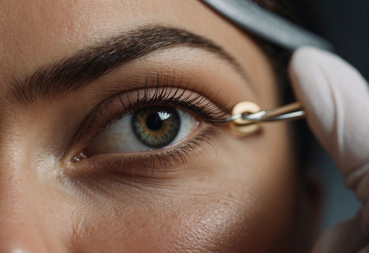 A close-up of a brow being shaved, followed by a series of images showing the regrowth process over a period of time