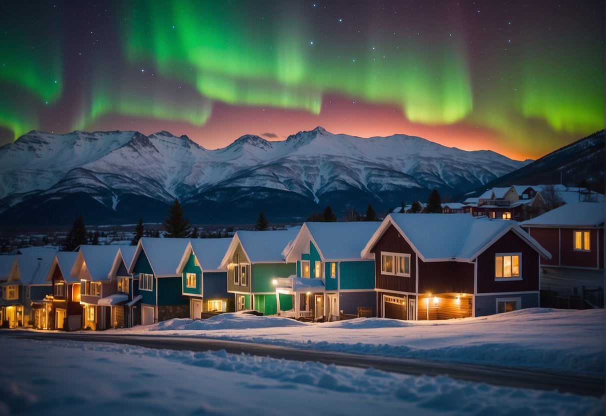 Snow-covered mountains loom over a quaint neighborhood of colorful houses. A moose grazes in the distance as the northern lights dance across the night sky