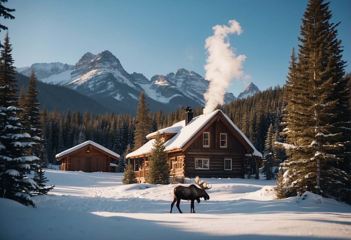 A snowy landscape with mountains in the background, a moose wandering through the trees, and a cozy cabin with smoke rising from the chimney