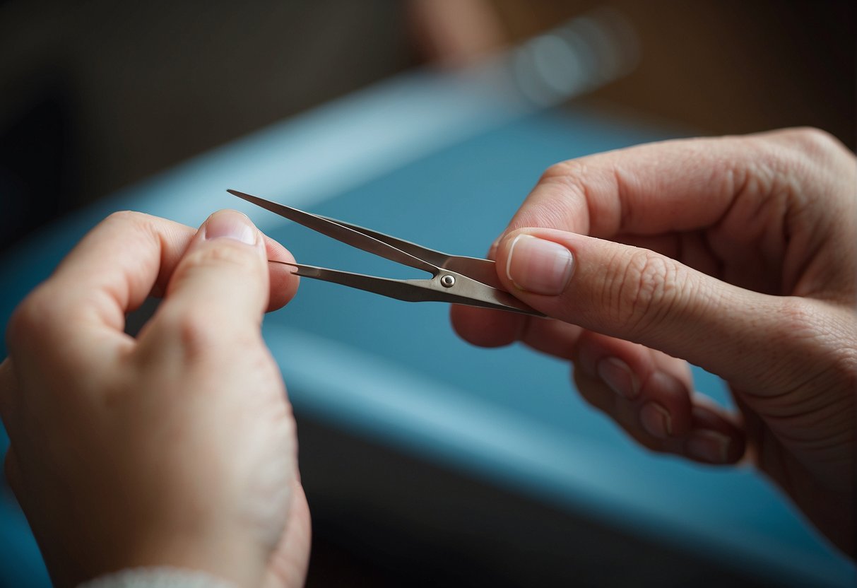 A hand holding tweezers hovers over a raised eyebrow, considering whether to pluck the hairs above it