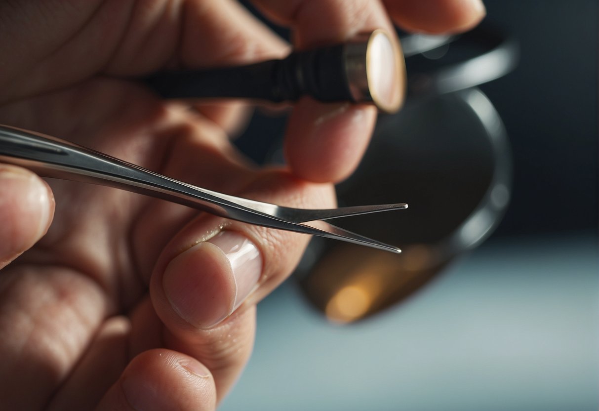 A hand holding tweezers, plucking hairs from the top of a brow. A magnifying mirror and a focused expression