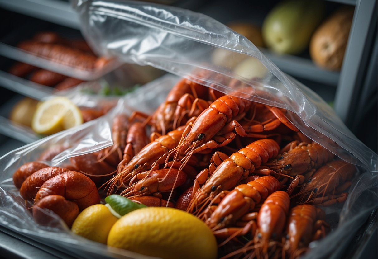 Fresh crawfish in a clear plastic bag, stored in the refrigerator with condensation on the bag, surrounded by other food items