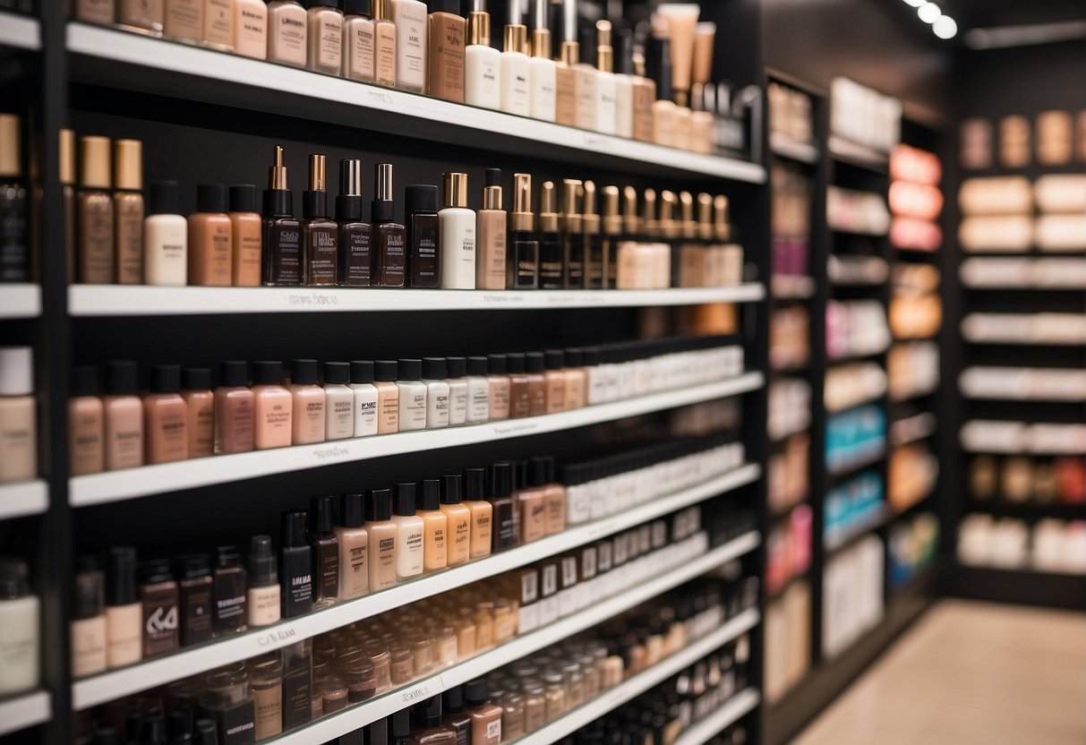 A hand reaching for a tube of eyebrow gel, surrounded by various alternative options such as pencils, powders, and pomades on a makeup display shelf