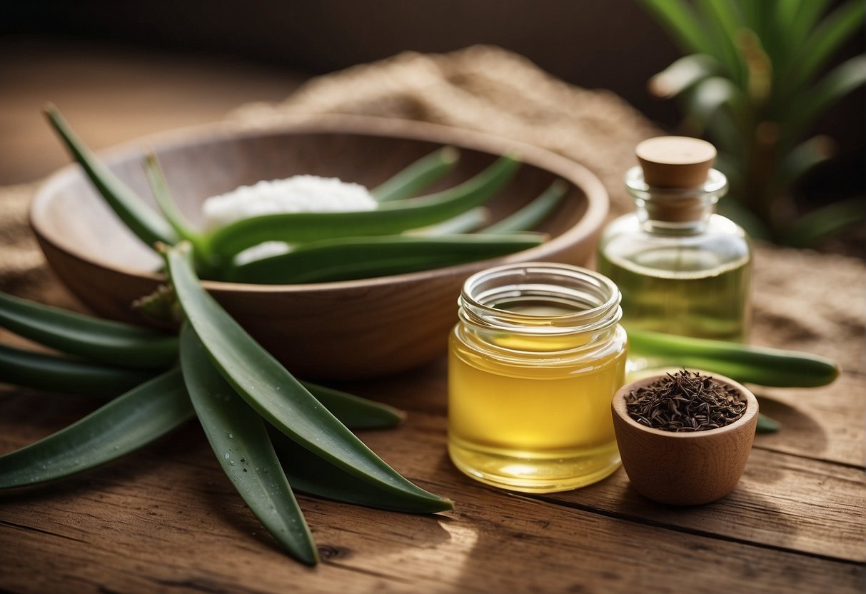A natural scene with aloe vera, coconut oil, and beeswax as alternatives to eyebrow gel. No humans or body parts