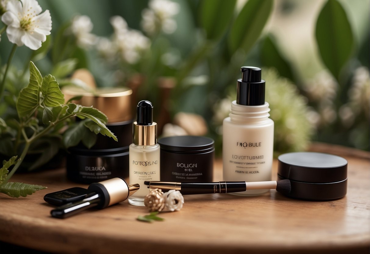 A table with various cosmetic products, including eyebrow gels, surrounded by natural elements like flowers and leaves