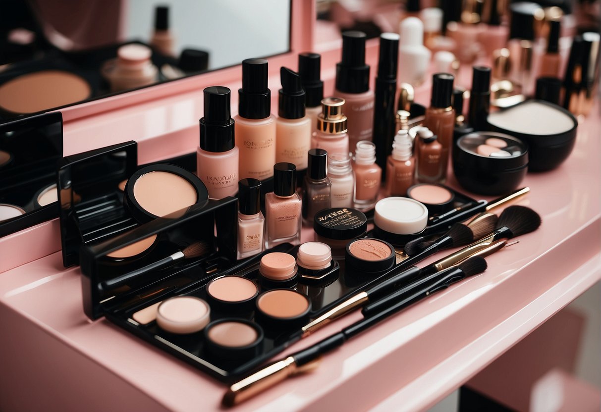 A makeup table with various cosmetic products, including eyebrow gels, brushes, and alternative products like brow pomade or tinted brow gel