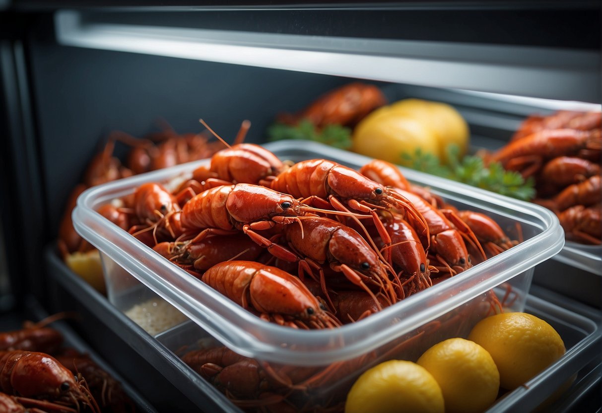 Cooked crawfish stored in a fridge. Date labeled container with a tight lid. Temperature set to 40°F or below