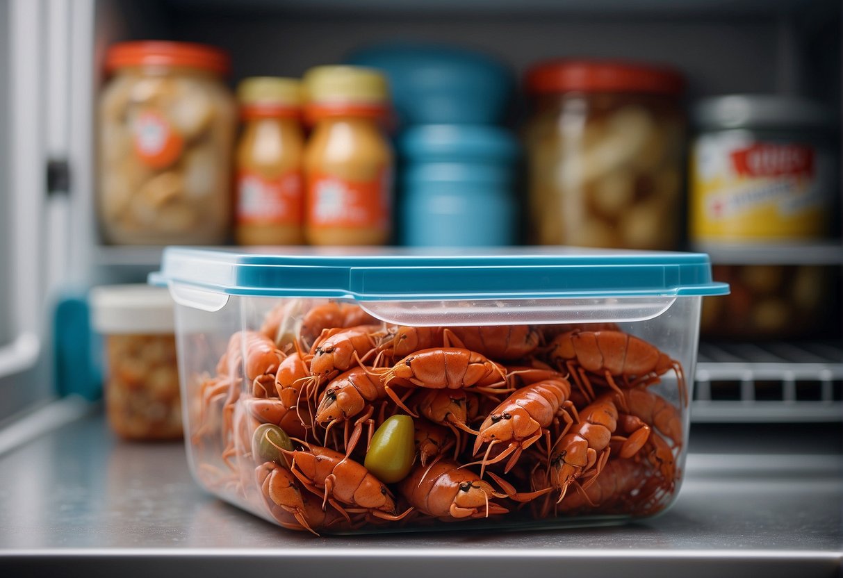 A container of crawfish sits in the fridge, sealed tightly to extend its shelf life. The cool air preserves the seafood, keeping it fresh for a longer period of time