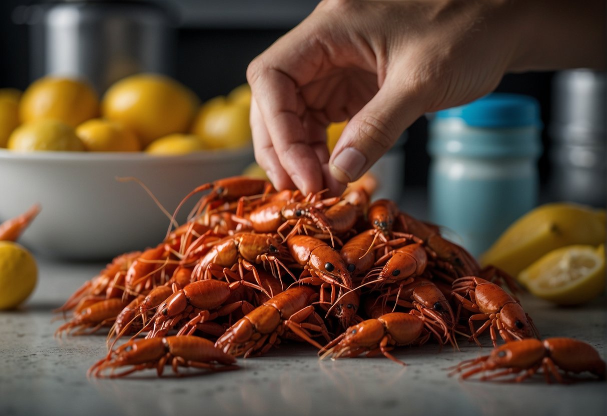 A pile of dead crawfish lies on a countertop. A hand reaches in, picking one up to inspect. Another hand holds a container labeled "fridge" nearby