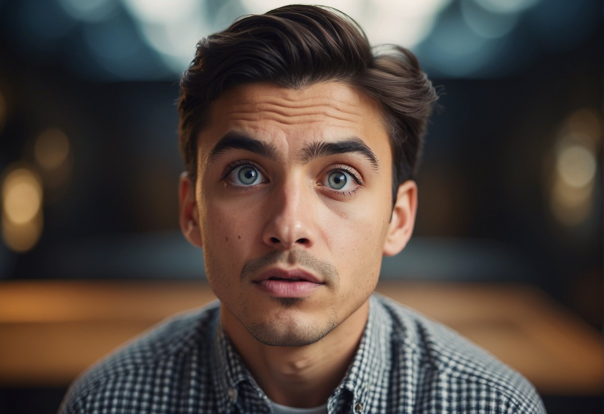 A puzzled expression with one eyebrow raised higher than the other, showing confusion and curiosity