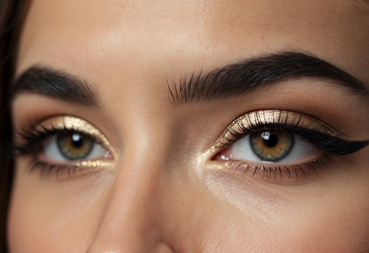 A close-up of two eyebrows, one slightly raised, with focus on makeup tools and techniques for enhancing the look