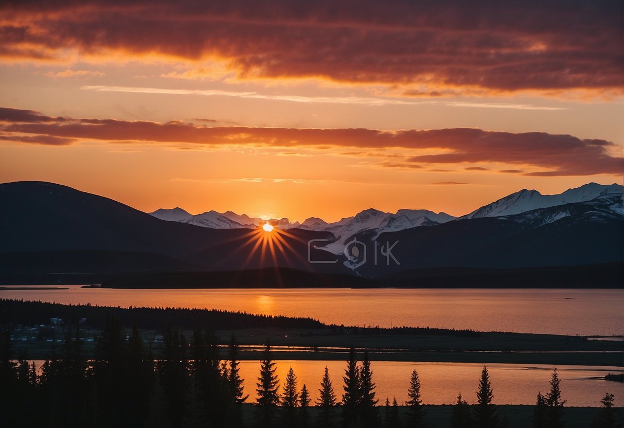 The sun hovers above the horizon, casting a warm glow over the Alaskan landscape. The sky is painted in hues of pink and orange, as the sun refuses to set in the land of the midnight sun