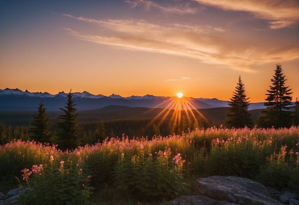 The sun hovers above the horizon, casting a soft golden glow over the Alaskan landscape. The sky is a mix of pink, orange, and blue as the sun refuses to set, creating the phenomenon of the Midnight Sun