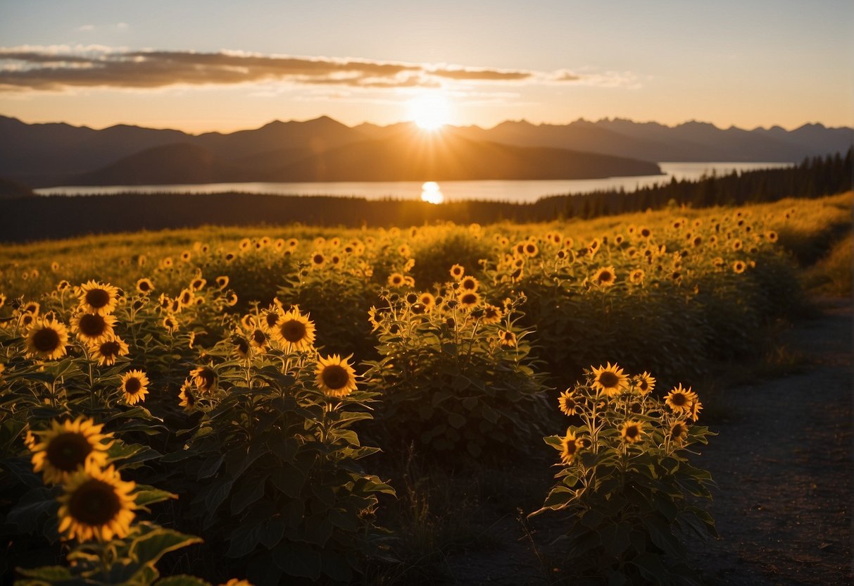 The sun hangs low in the sky, casting a warm golden glow over the vast Alaskan landscape. The horizon is bathed in a perpetual twilight, as the sun refuses to dip below the horizon, leaving the land in a state of endless daylight