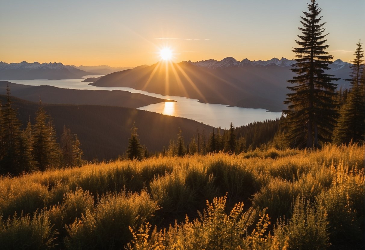 The sun hovers above the Alaskan horizon, refusing to dip below. The landscape is bathed in a perpetual golden glow, with mountains and trees silhouetted against the never-ending daylight
