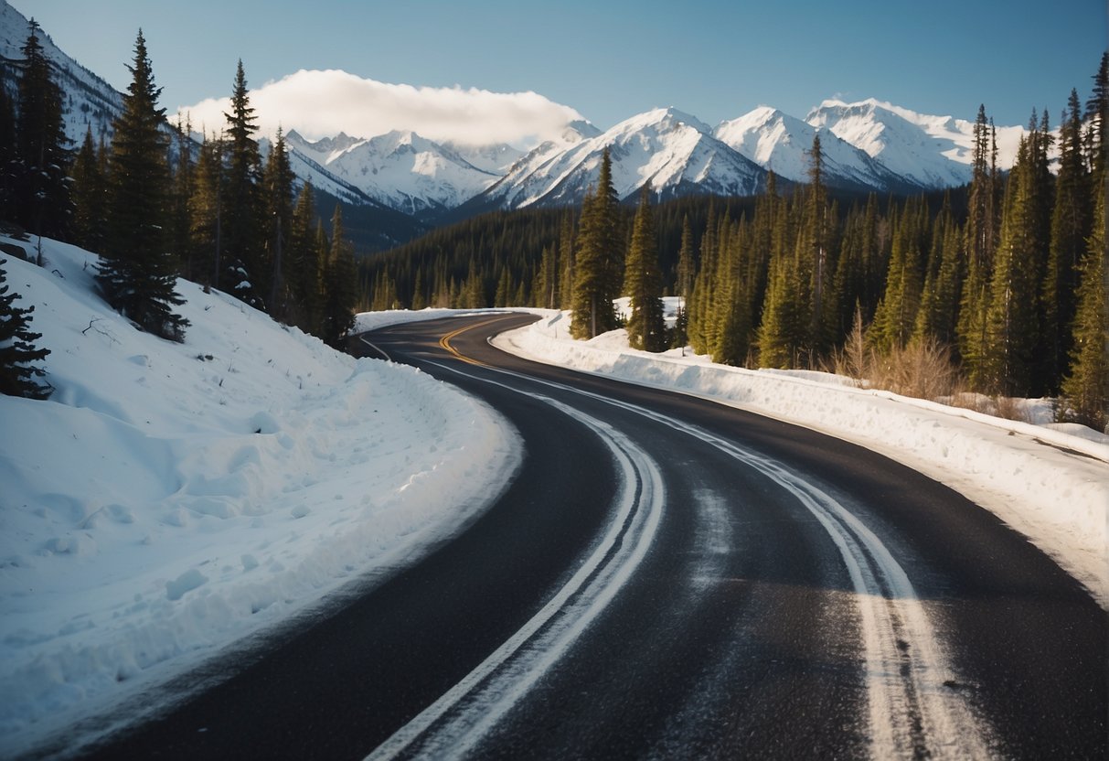 A winding road stretches from sunny California to icy Alaska. Snow-capped mountains and forests line the route, with a sense of adventure in the air