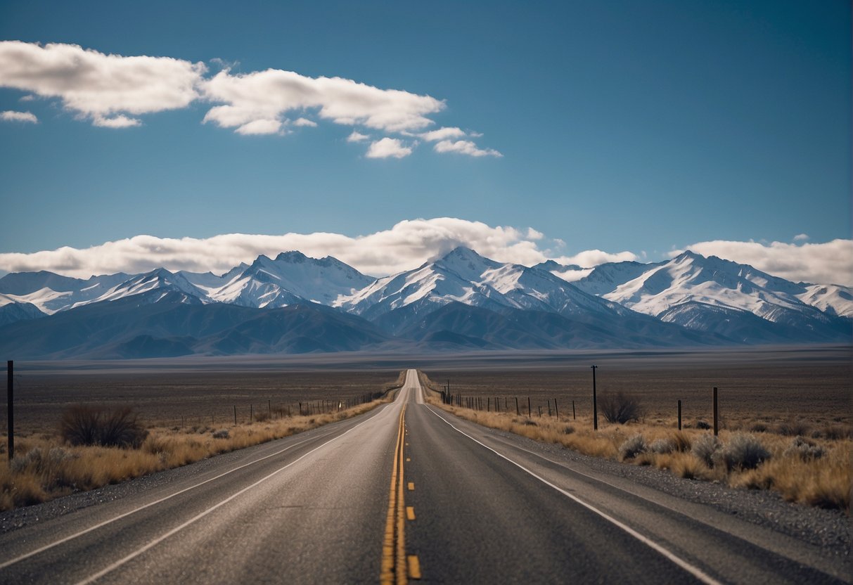 A car driving from California to Alaska on a long, winding road with snow-capped mountains in the distance and a clear blue sky above