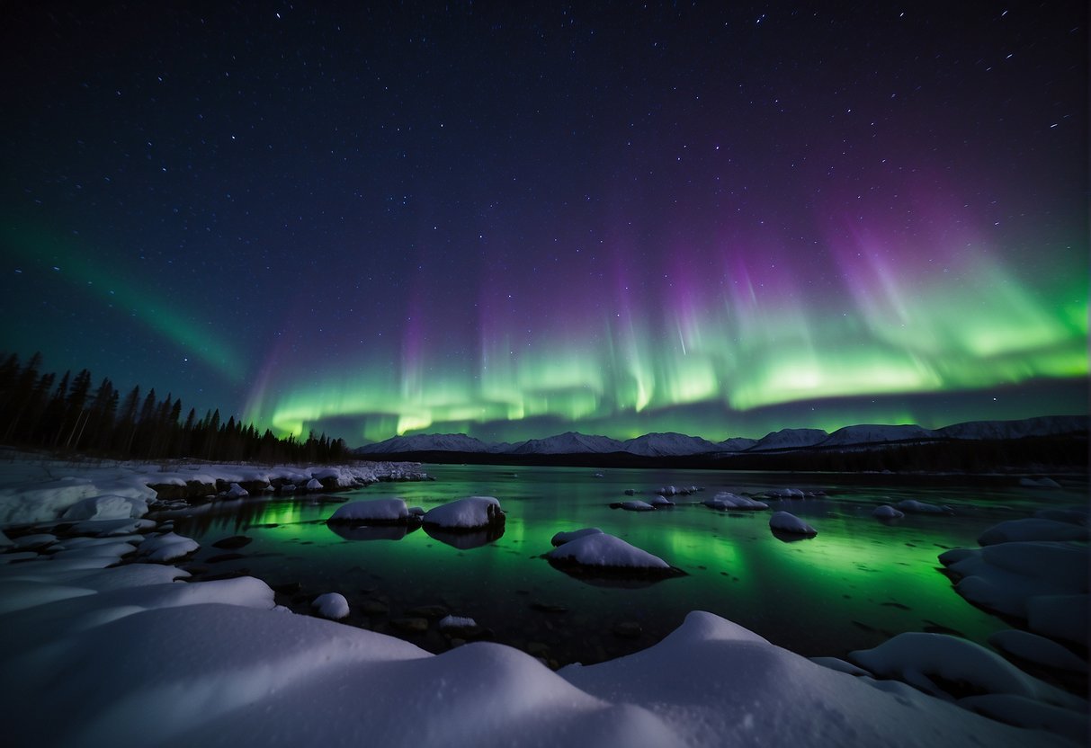 The vibrant colors of the northern lights dance across the dark sky, illuminating the snowy landscape below. The swirling green, purple, and blue hues create a mesmerizing display of natural beauty