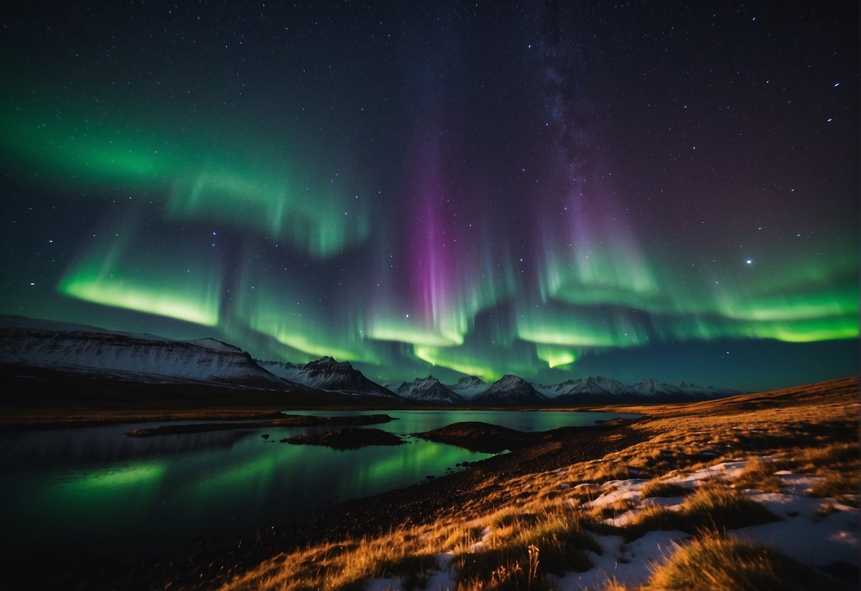 Vibrant northern lights dance across the night sky in both Alaska and Iceland, creating a breathtaking display of colorful, swirling patterns