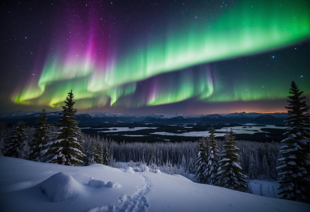 The night sky over a snowy landscape, with vibrant green and purple northern lights dancing across the horizon