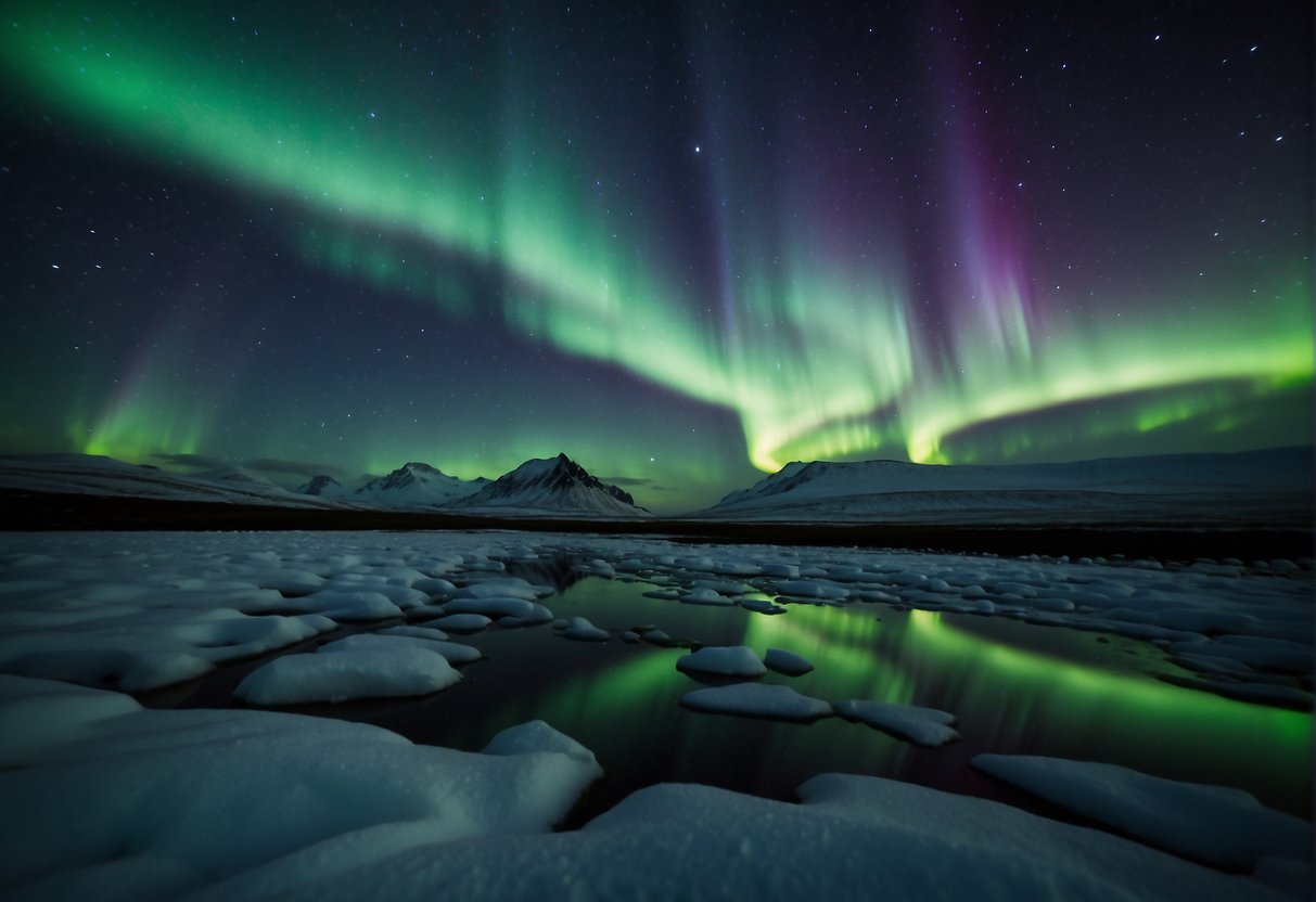 The vibrant colors of the northern lights dance across the night sky, illuminating the landscapes of both Alaska and Iceland