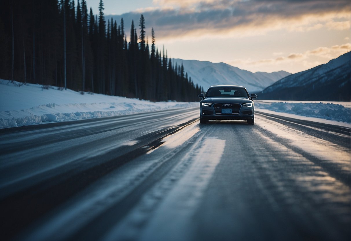 A car crossing a long, icy road from Russia to Alaska