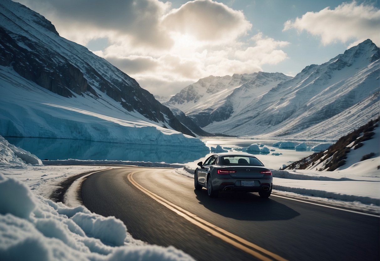 A car driving on a narrow road through snowy mountains, with a vast expanse of icy waters in the background, representing the possibility of driving from Russia to Alaska