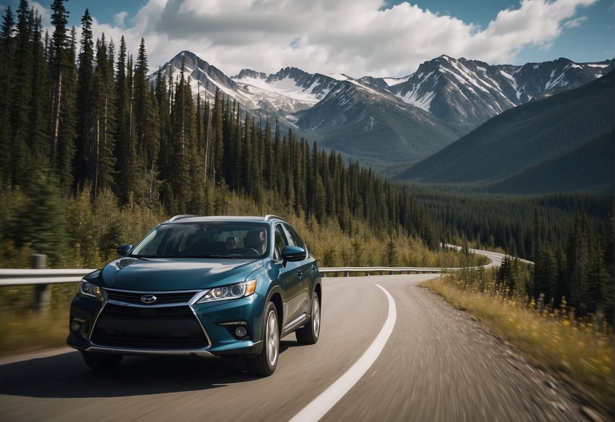 A car driving across a long, rugged road from Russia to Alaska, with mountains and forests in the background