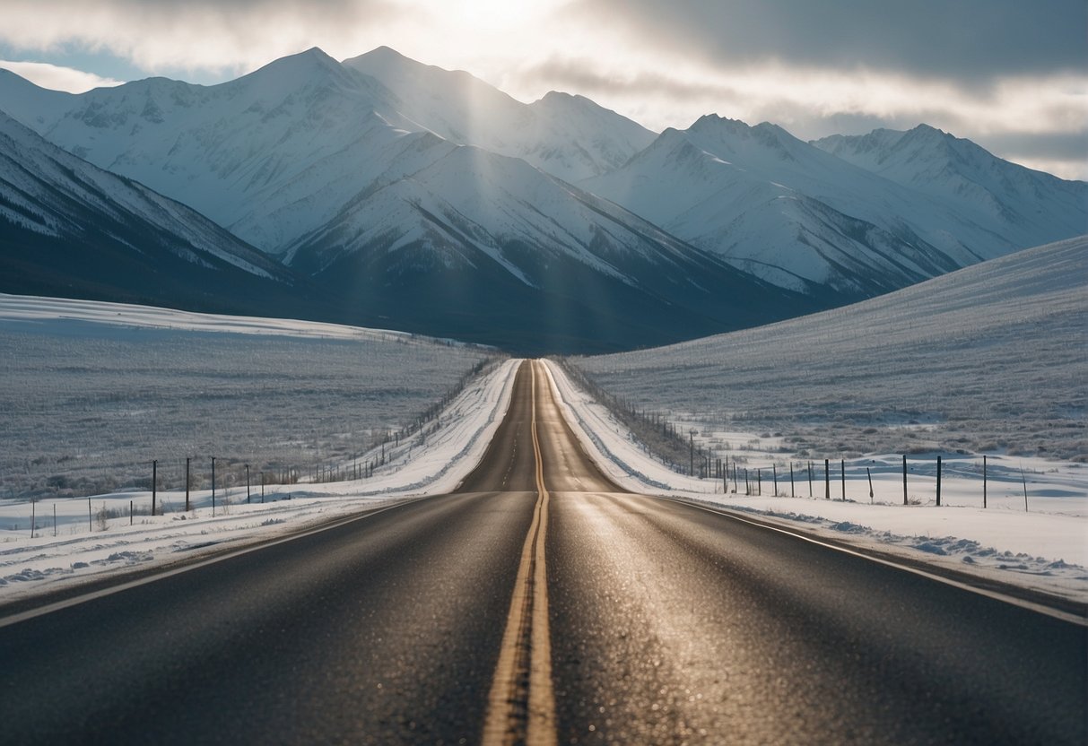 A car driving from Russia to Alaska through a long, desolate stretch of road, with snow-capped mountains in the distance and a clear, icy landscape