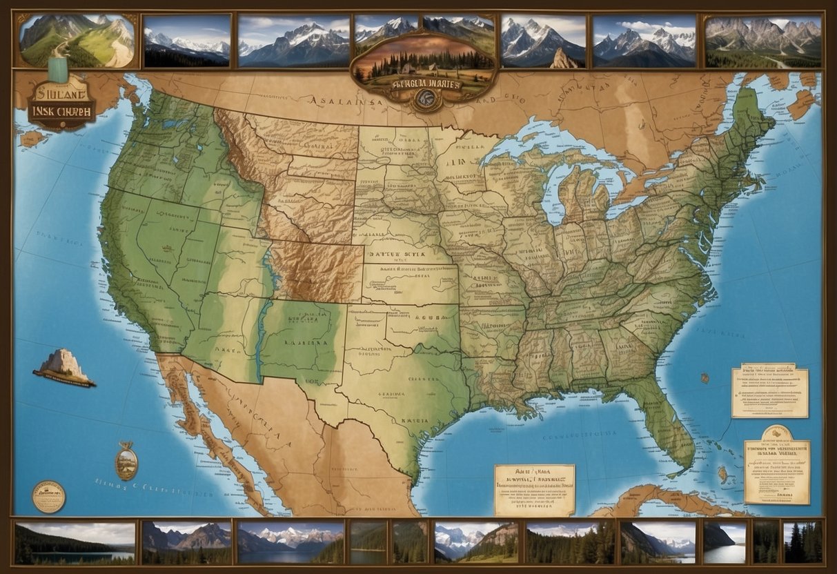 A map of the United States with a dotted line route from the lower 48 states to Alaska, avoiding Canada. The map is surrounded by images of mountains, forests, and wildlife