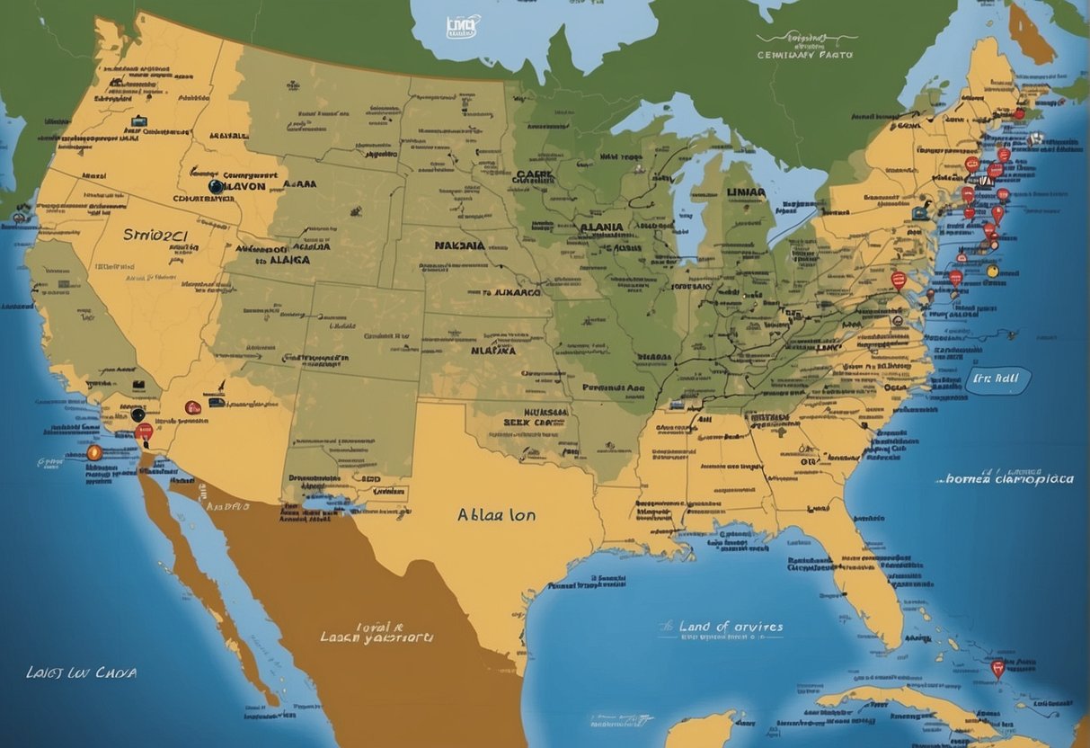 A map showing various transportation options to Alaska, including air, sea, and land routes that bypass Canada