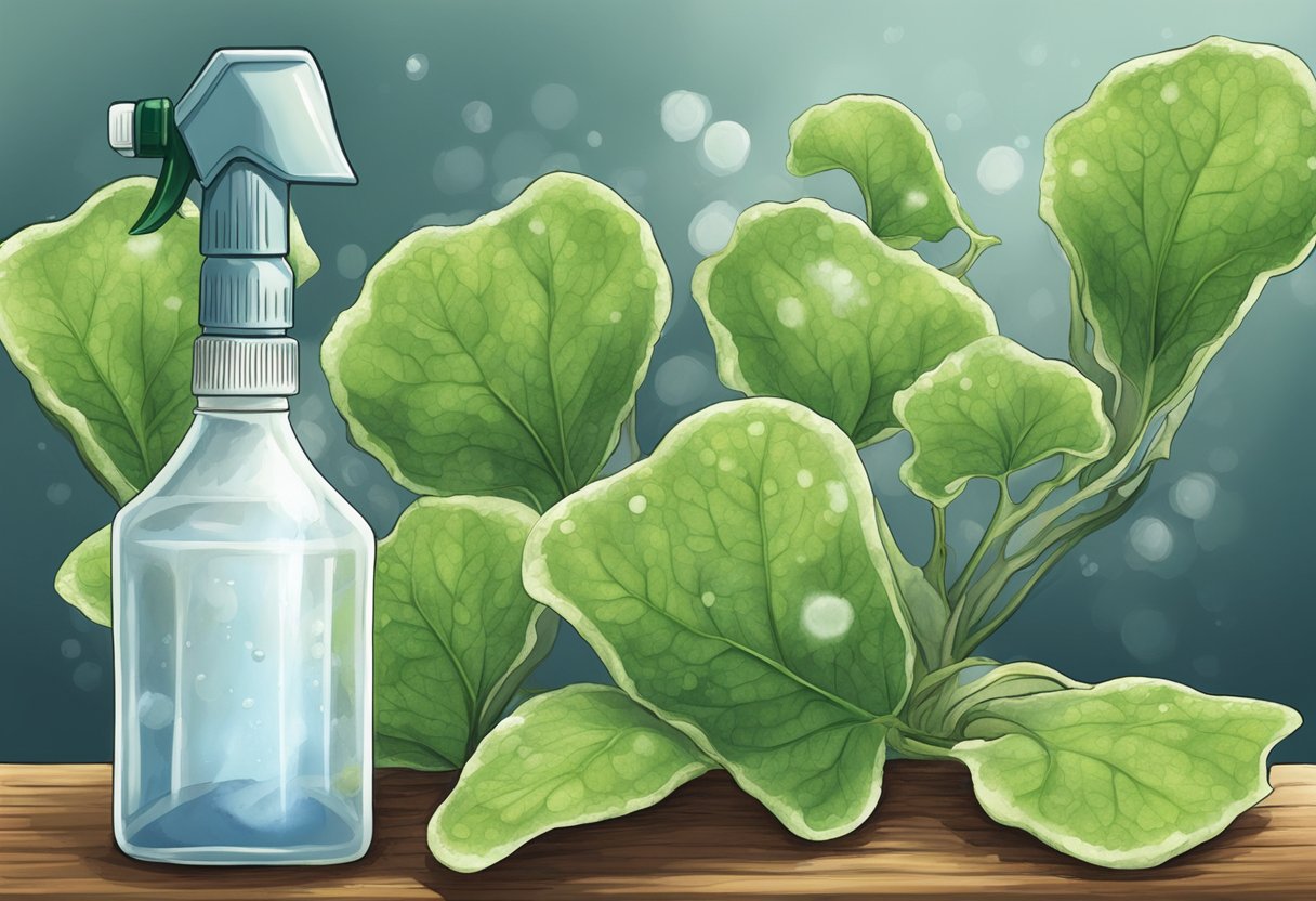 A spray bottle releases a mist of vinegar onto powdery mildew-covered leaves, causing the fungus to instantly wither and die