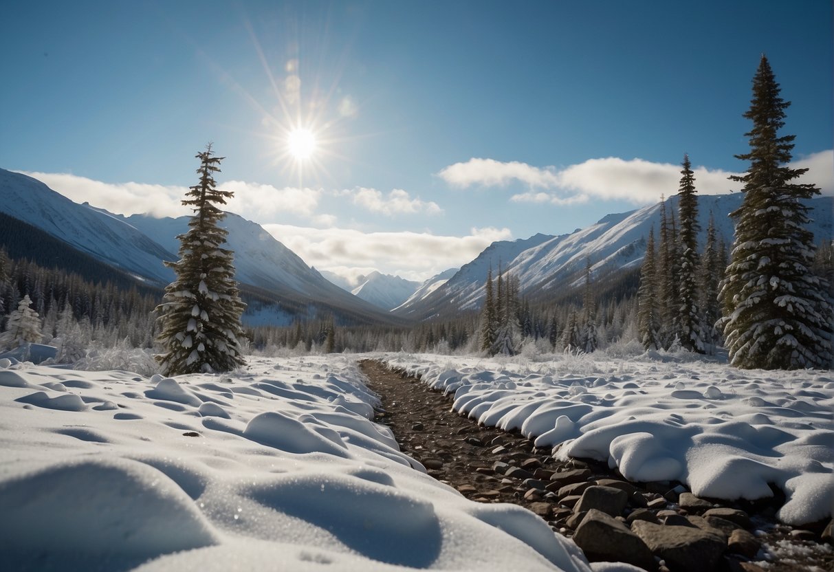 Snow falls gently on the vast Alaskan landscape, blanketing the rugged terrain in a pristine layer of white
