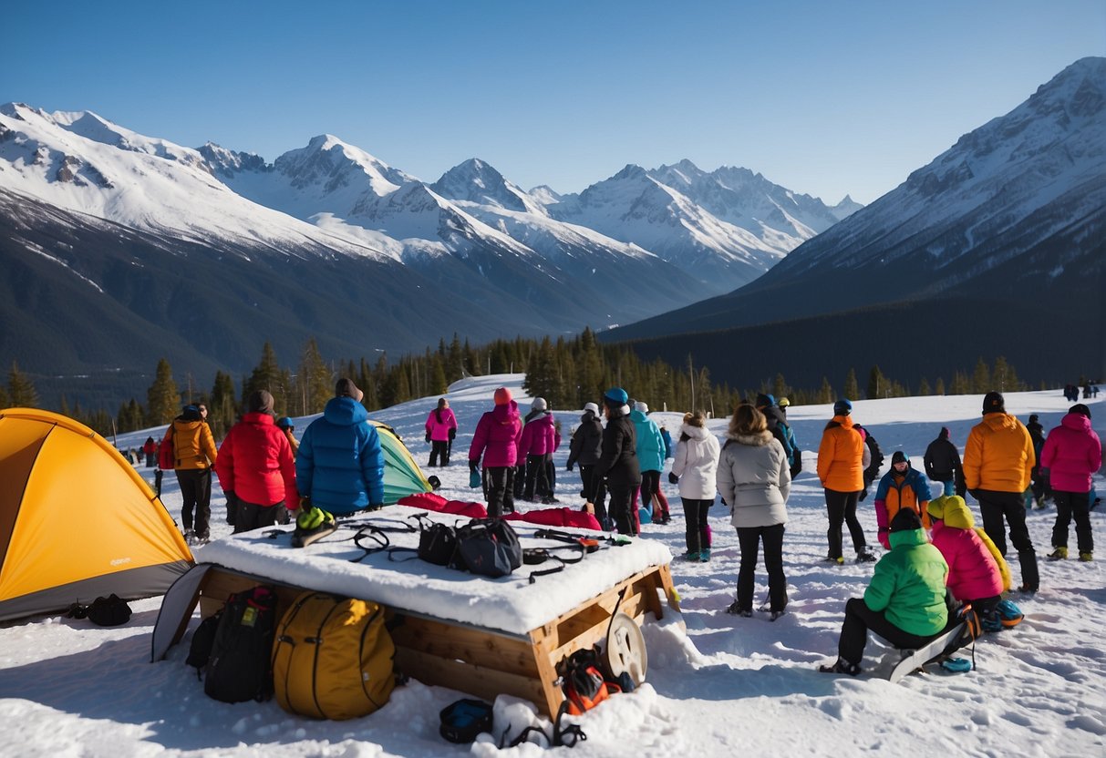 Snow-covered landscape with mountains in the background. People are seen preparing for snow activities, such as skiing and snowboarding. A calendar shows the frequency of snowfall in Alaska