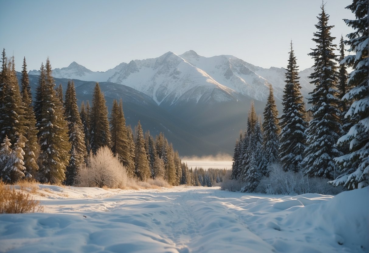 Snow falls lightly on a serene Alaskan landscape, covering the ground in a blanket of white. The trees and mountains are dusted with snow, creating a peaceful winter scene