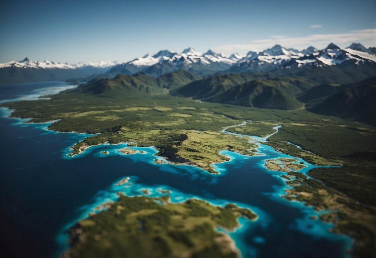 A map showing Alaska surrounded by water, with land connecting it to the mainland