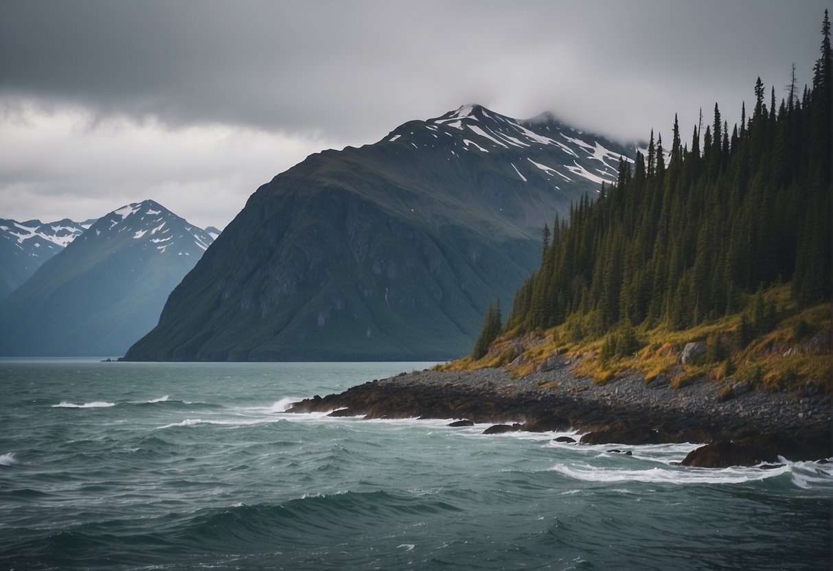 Alaska's rugged coastline stretches out into the vast ocean, with towering mountains and dense forests creating a dramatic and isolated landscape